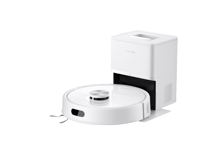 Aspirateur robot blanc avec une station de vidage automatique.