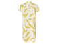 Robe courte en lin avec imprimé abstrait jaune moutarde.