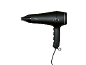 Sèche-cheveux noir avec cordon, boutons et logo blanc.
