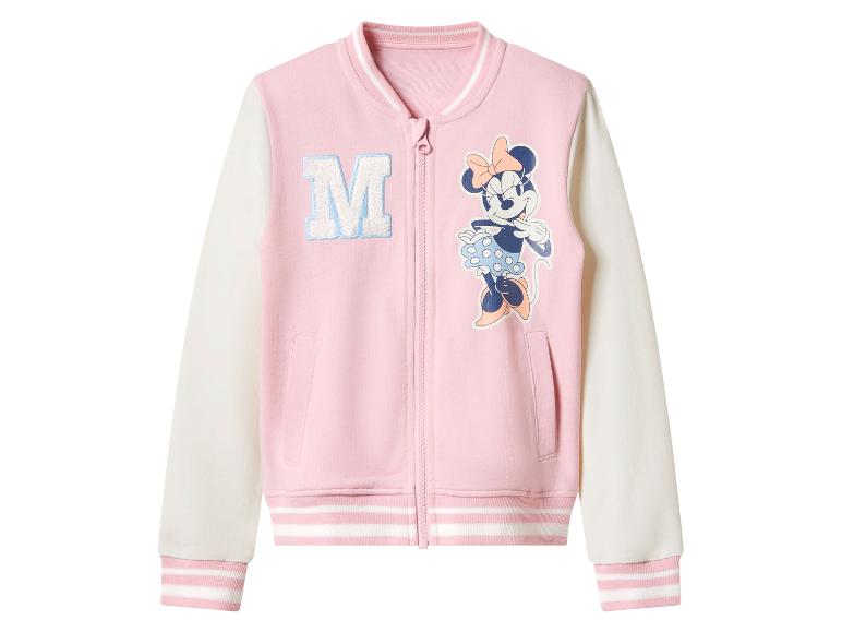 Blouson aviateur rose et blanc zippé, avec un 'M' et un dessin de Minnie Mouse.