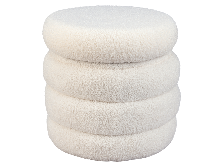 Pouf rond en tissu bouclé blanc avec un design superposé.