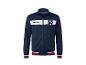 Veste de sport zippée pour homme, bleu marine avec une bande blanche et un emblème