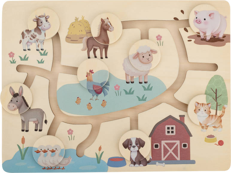 Puzzle labyrinthe en bois avec animaux de la ferme : vache, cheval, cochon, mouton, coq, âne, canards, chat et chien.