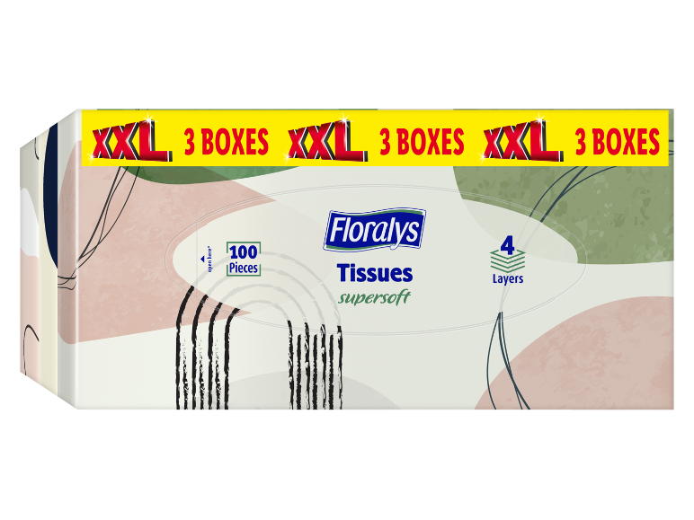 Pack XXL de 3 boîtes de 100 mouchoirs supersoft 4 épaisseurs au design abstrait.