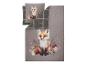 Parure de lit grise avec motif renard et feuilles d'automne, dos à carreaux.