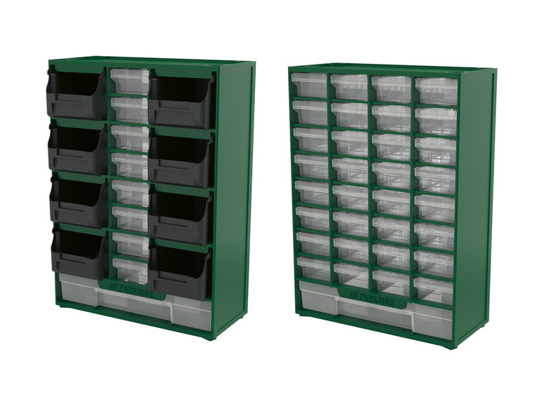 Deux armoires de rangement vertes avec des tiroirs transparents et noirs de Parkside.