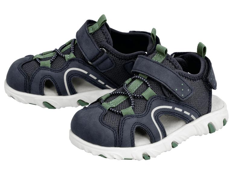 Sandales enfant bleu marine avec accents verts et semelles blanches