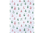 Tissu blanc avec motif de sapins de Noël rouges et verts et étoiles dorées.
