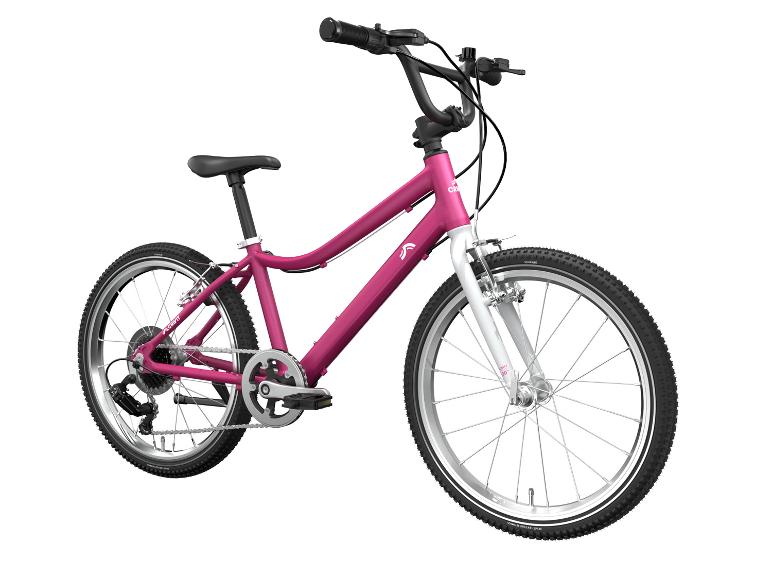 Vélo enfant rose avec fourche avant blanche et pneus noirs.