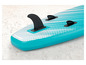 Un paddleboard gonflable turquoise à pois blancs et une aileron noir.