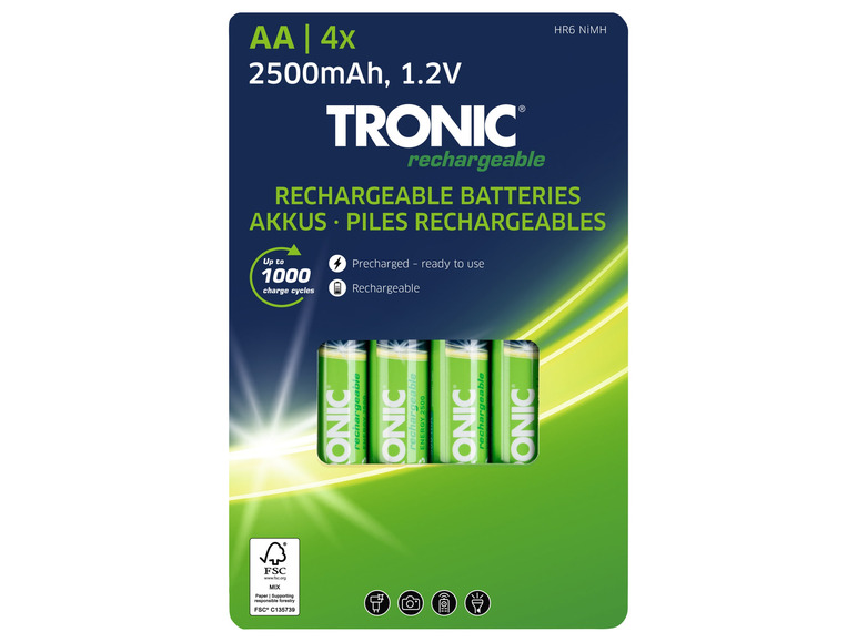 Quatre piles AA rechargeables TRONIC avec une capacité de 2500 mAh.