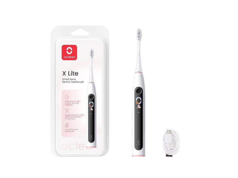 Une brosse à dents électrique Oclean X Lite blanche avec un câble de charge.