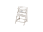 Chaise haute en bois blanc avec plateau et harnais de sécurité