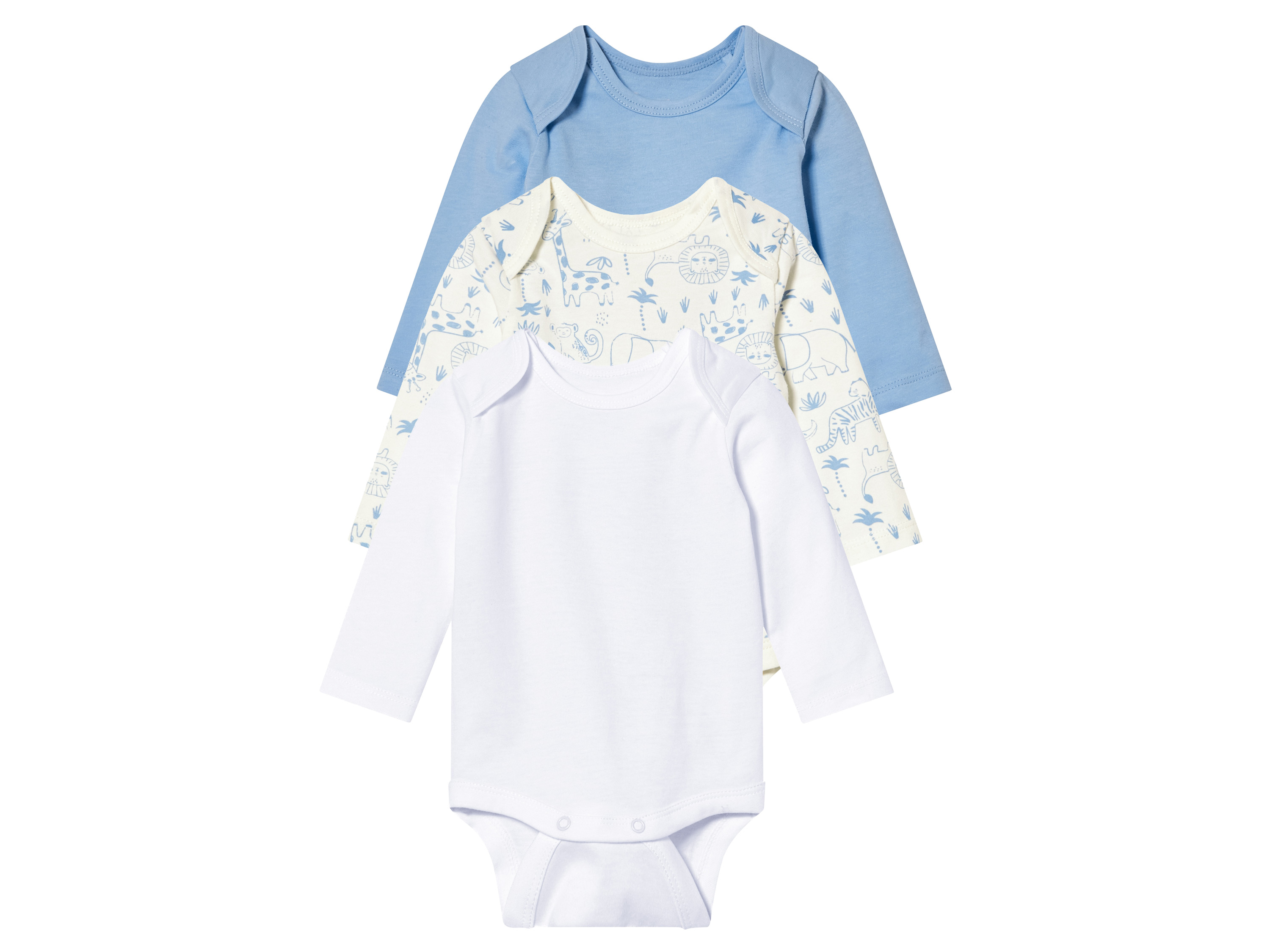 lupilu® Lot de 3 bodies bébé (50/56, bleu clair/blanc/animaux)