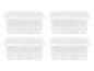 Quatre boîtes de rangement rectangulaires en plastique transparent avec couvercles, disposées en deux rangées.
