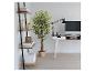 Bureau à domicile moderne avec étagère, plante et bureau blanc avec ordinateur.