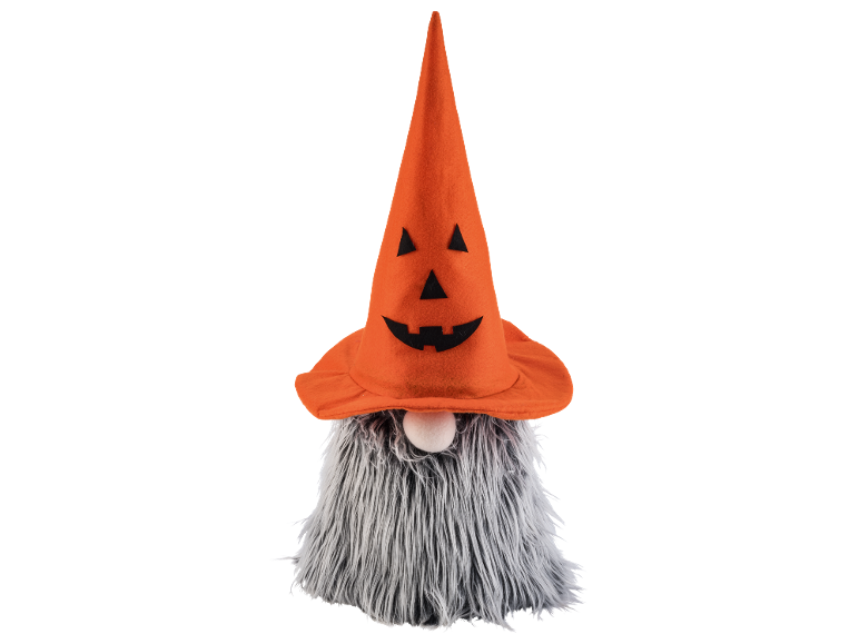 Nain d'Halloween avec un chapeau orange en forme de citrouille et une longue barbe grise.