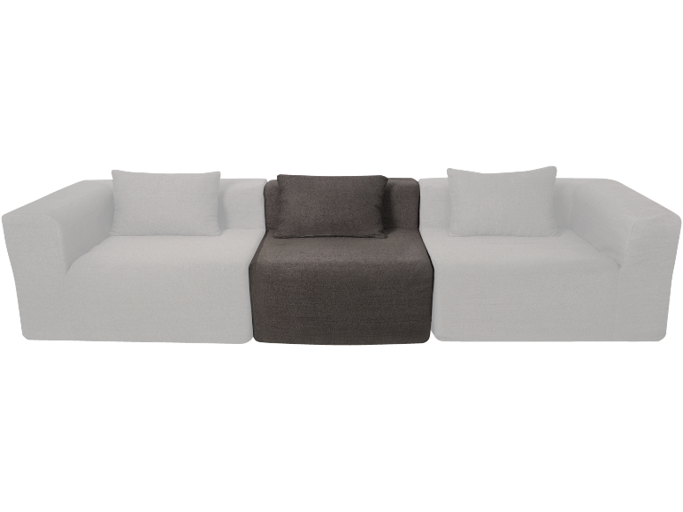 Canapé modulaire avec deux sections d'extrémité gris clair et une section centrale gris foncé.