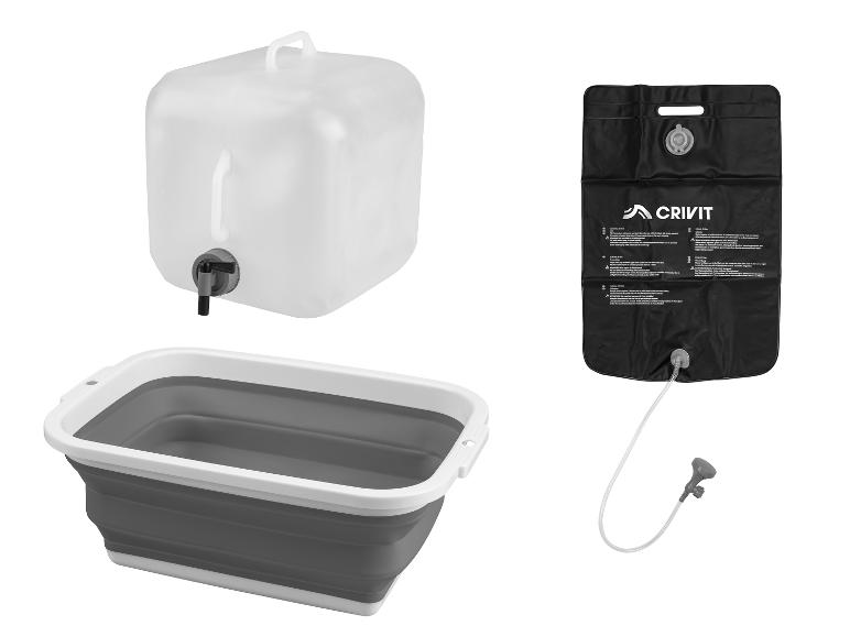 Bidon d'eau avec robinet, bassine pliable et douche de camping portable.