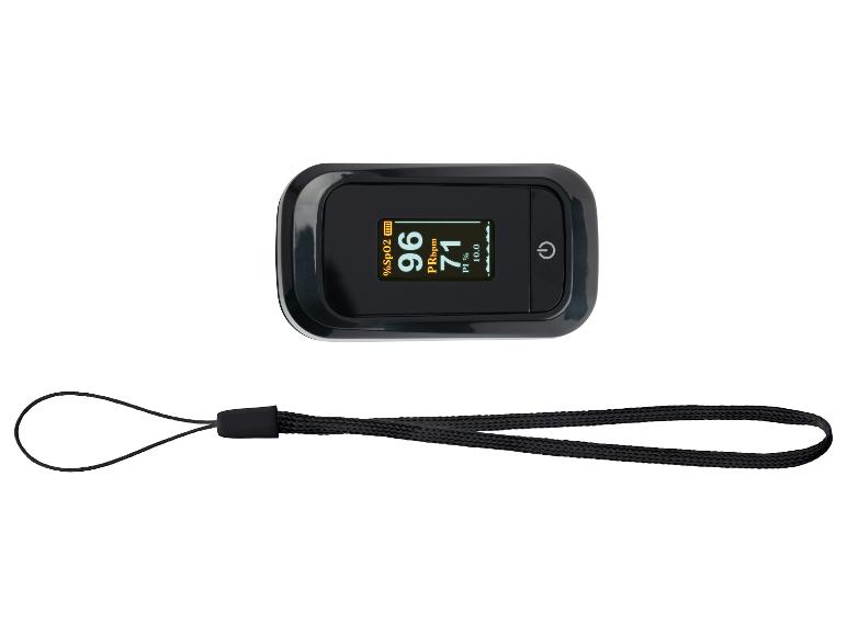 Oxymètre de pouls noir avec écran affichant 96 % SpO2 et 71 PRbpm, accompagné d'une dragonne.