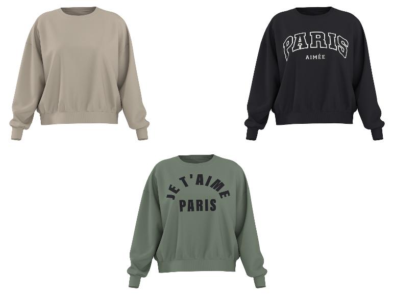 Sweat-shirts à manches longues en beige, noir avec « PARIS AIMÉE » et vert avec « JE T'AIME PARIS ».