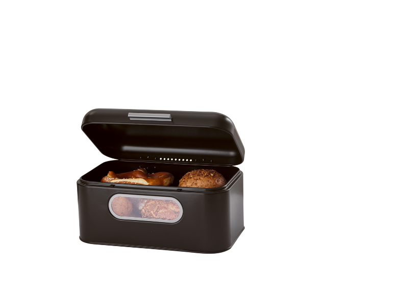 Boîte à pain en métal marron contenant des viennoiseries