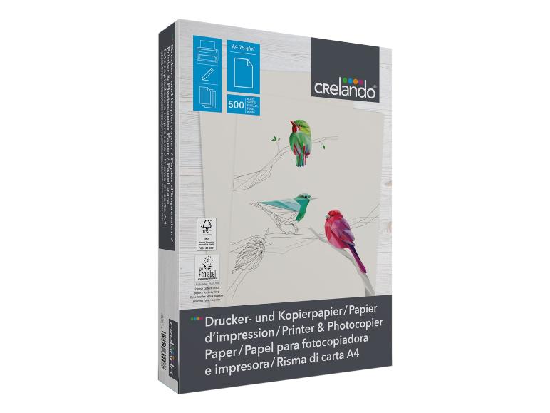 Paquet de papier A4 de 75 g/m² avec 500 feuilles, avec un motif d'oiseaux colorés.