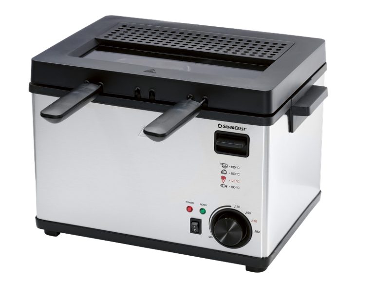 Friteuse en acier inoxydable avec couvercle noir et contrôle de la température.