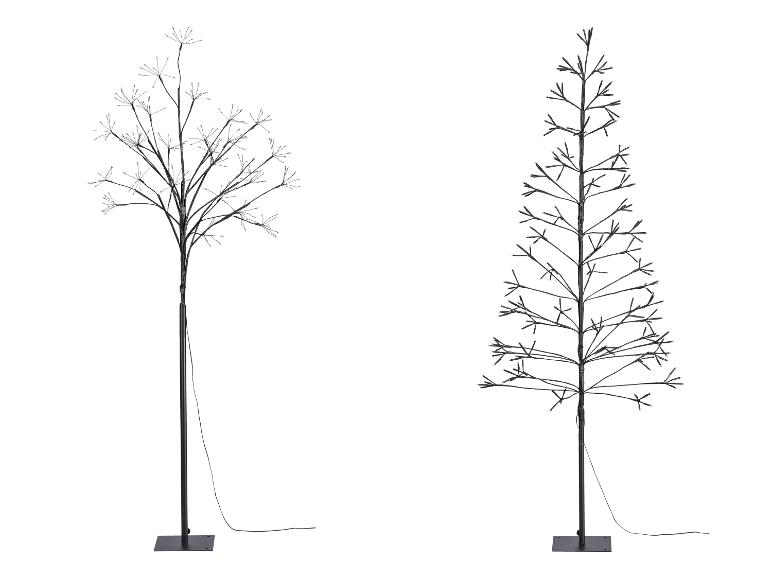 Deux arbres décoratifs à LED, l'un avec un design épuré et ramifié, l'autre conique.