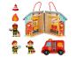 Caserne de pompiers en bois avec figurines, camion et accessoires.