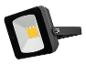 Projecteur LED noir avec source de lumière jaune, monté sur fond blanc.