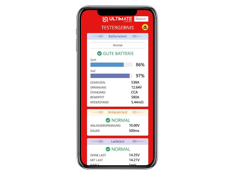 Affichage des résultats de test de batterie et de charge sur un smartphone.