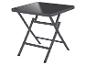 Table pliante grise avec plateau carré en verre.