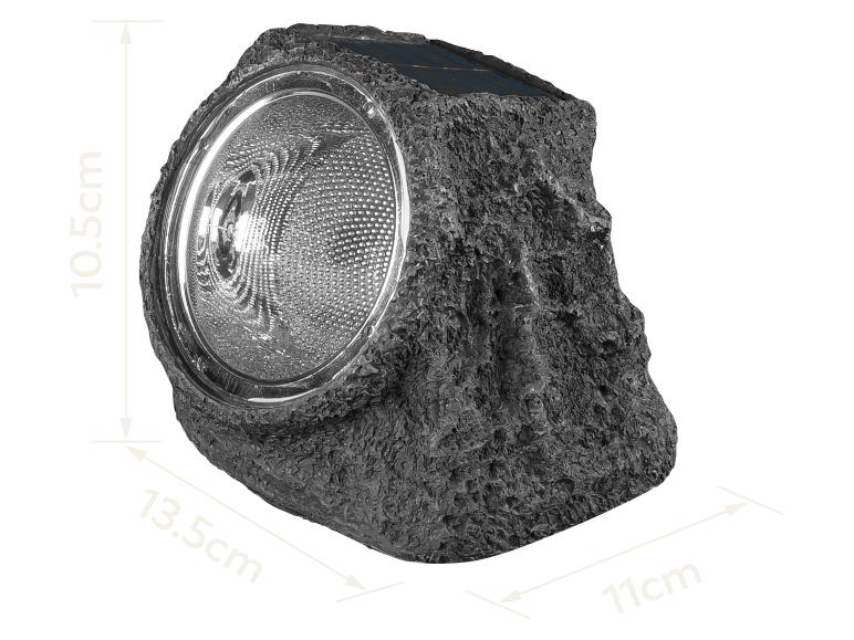 Projecteur de jardin solaire en forme de roche, dimensions 10.5cm x 13.5cm x 11cm
