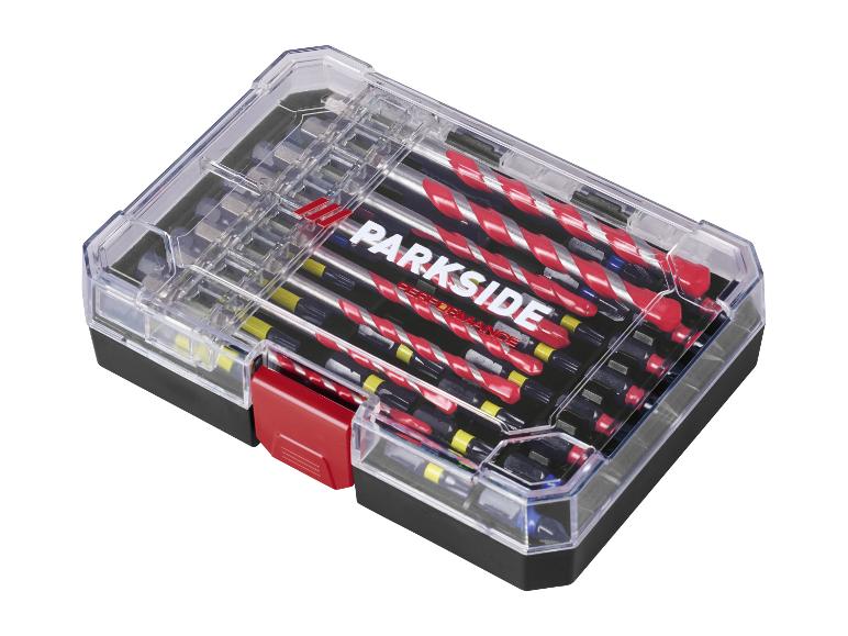 Jeu de forets et d'embouts de tournevis dans un étui transparent avec des accents rouges.