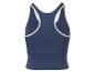 Débardeur de sport bleu marine avec liserés blancs, vue arrière.