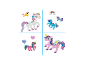 Quatre ensembles de perles en forme de licorne et d'arc-en-ciel de différentes couleurs.