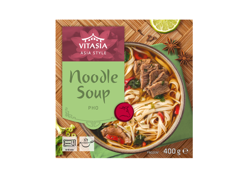 Soupe de nouilles Pho style asiatique, 400g, surgelée, prête en 8-10 minutes.