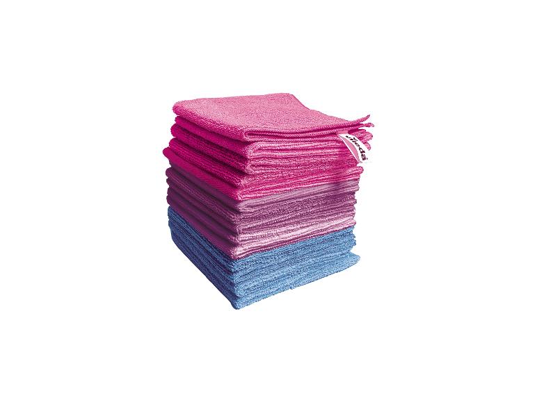 Pile de chiffons microfibres Vileda dans des tons roses et bleus.