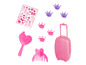 Valise rose, brosse à cheveux, peigne et autocollants avec des couronnes.