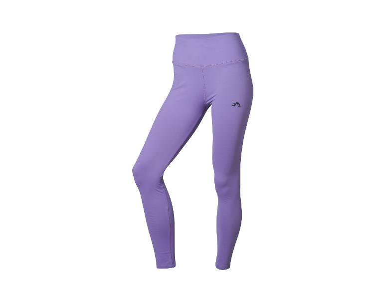 Legging de sport violet taille haute avec un petit logo noir sur la cuisse.