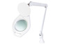 Une lampe de bureau blanche avec une loupe et un bras flexible.