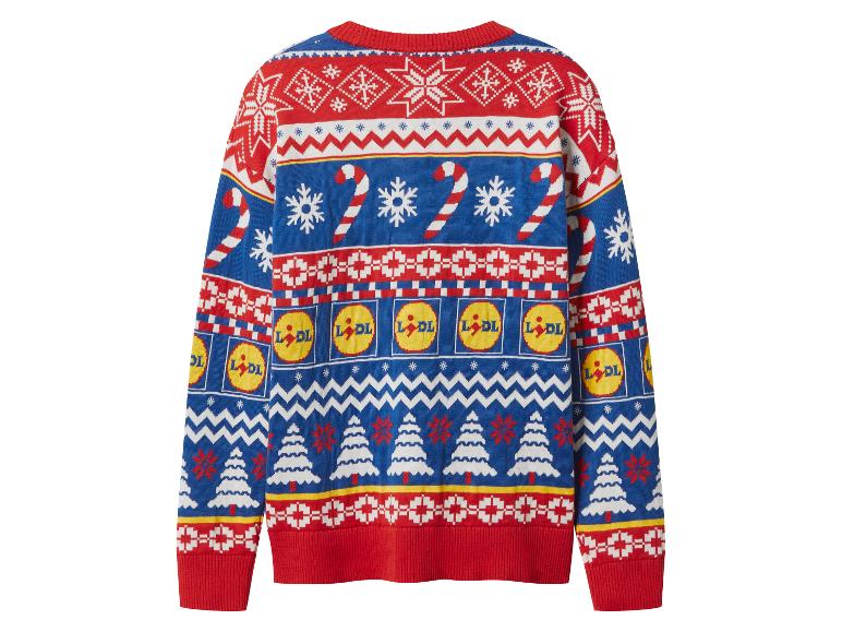 Pull de Noël Lidl, rouge et bleu, avec des motifs de flocons de neige, de cannes à sucre et de sapins.