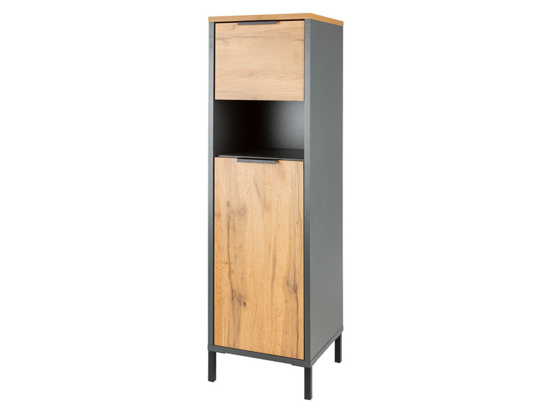Une armoire gris foncé avec des portes et des étagères en bois.