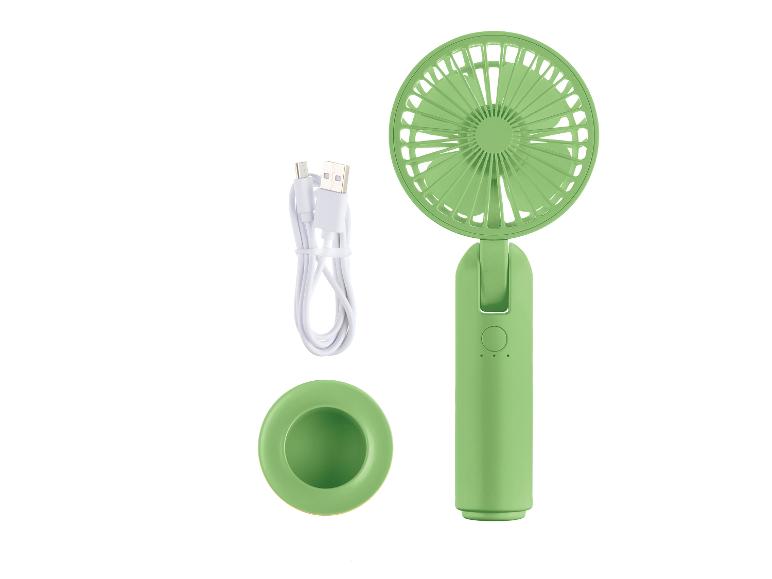 Ventilateur de poche vert, chargeur USB et base.