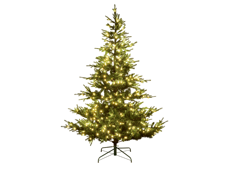 Sapin de Noël artificiel avec lumières LED blanc chaud sur fond noir.