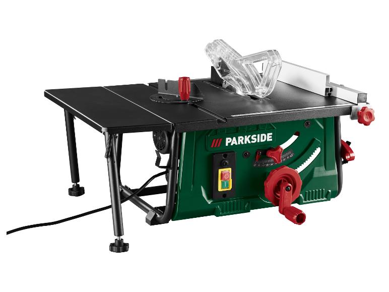 Scie sur table avec angle et hauteur de coupe réglables, dotée d'un protège-lame transparent.