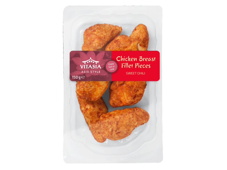 Morceaux de filet de poulet au piment doux, 150g, style asiatique, à déguster chauds ou froids