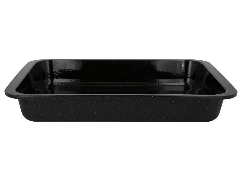 Plat de cuisson rectangulaire noir avec surface émaillée.