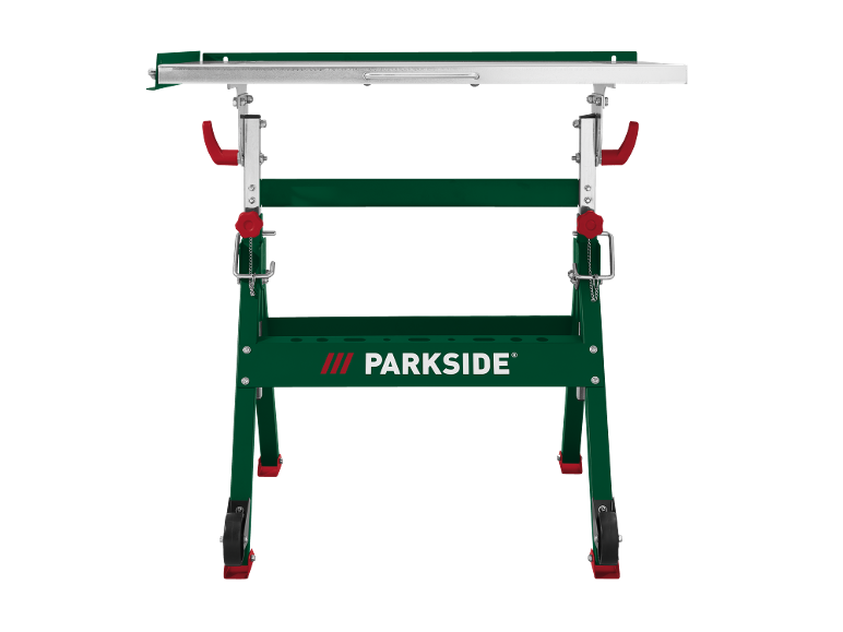 Établi vert avec roues et détails rouges, doté d'une règle de mesure.